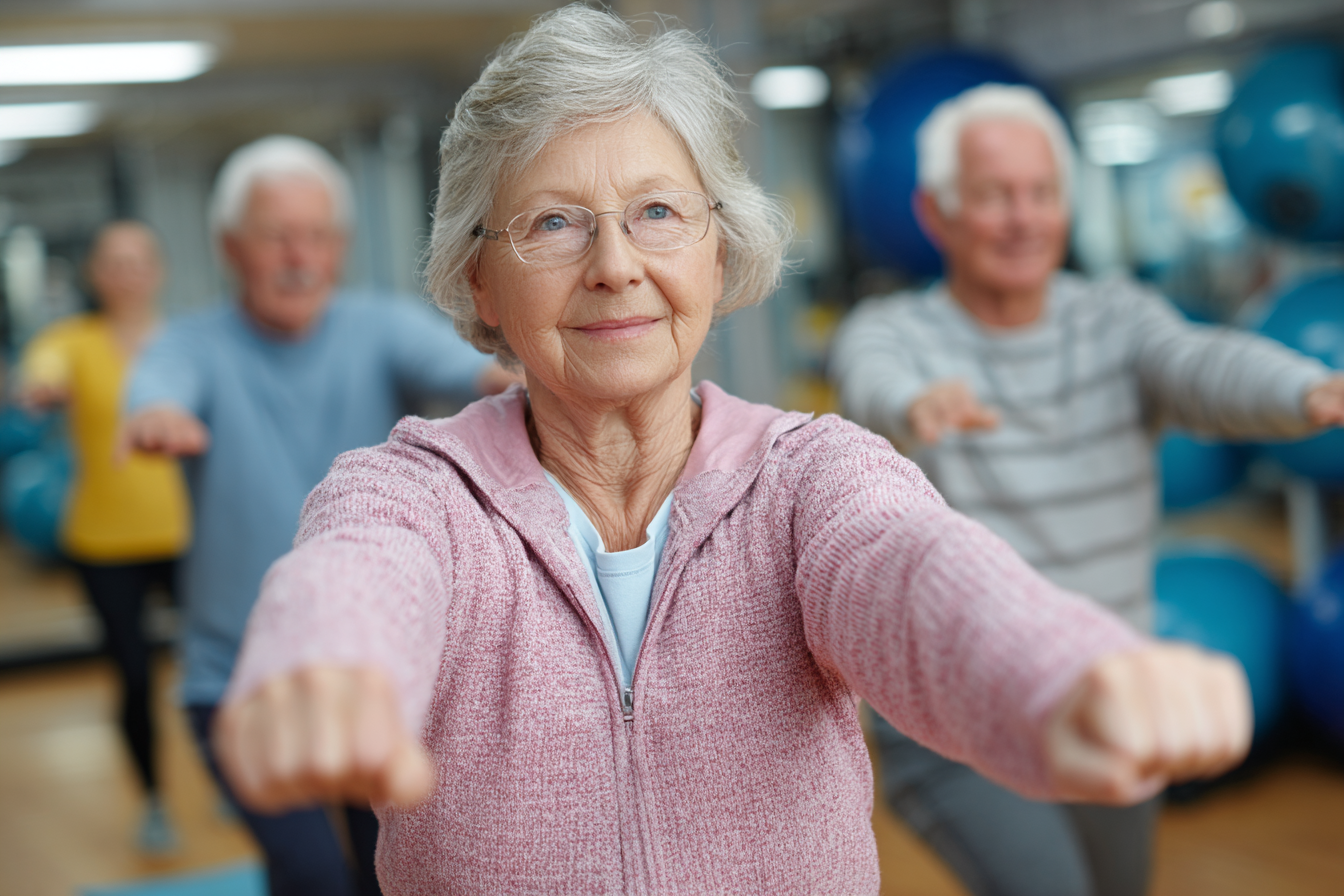 Adulți mature practicând exerciții de echilibru într-un cadru liniștit și armonios