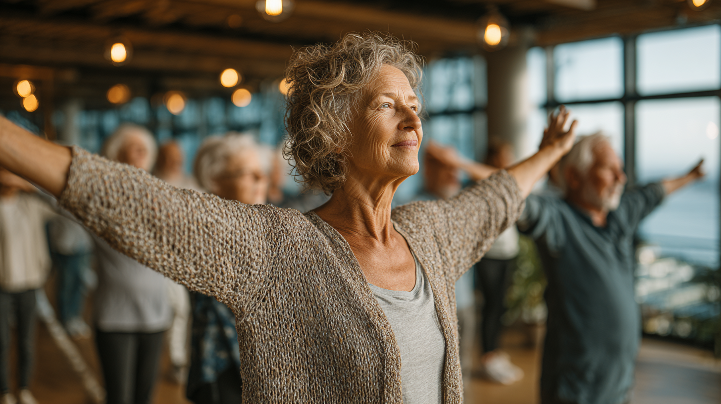 Grup de adulți mature zâmbind și socializând după o sesiune de fitness în aer liber